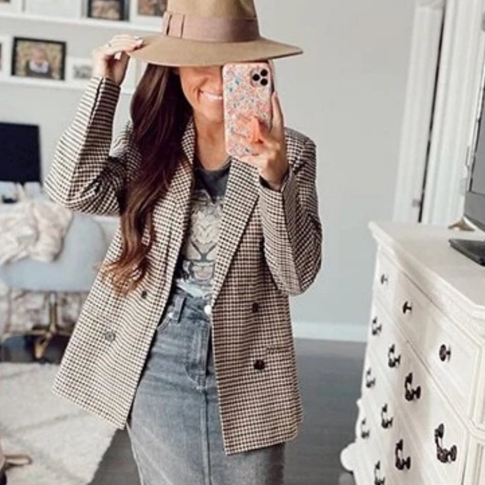 Plaid Print Double Breasted Lapel Collar Blazer work professional Business Chic - Picture 3 of 16